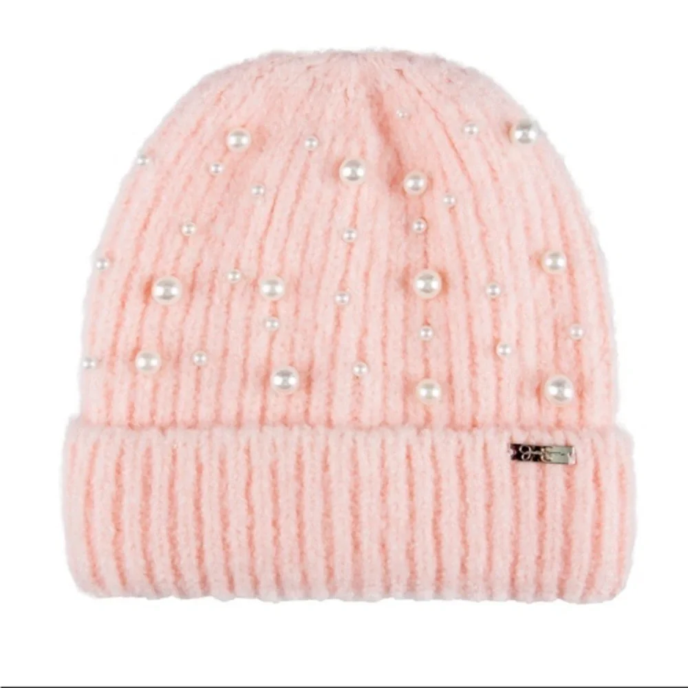 Jessica Simpson hat Women Pink White Pearl Knit Cuffed Beanie Hat New size OSFM - Picture 1 of 6